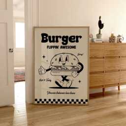 Retro Cartoon Burger Print, Charming Style Gift For Foodie, Lover Food Kitchen Wall Art 2716 - thumbnail 3