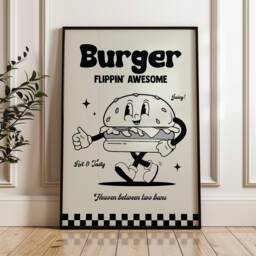 Retro Cartoon Burger Print, Charming Style Gift For Foodie, Lover Food Kitchen Wall Art 2716 - thumbnail 1