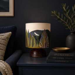 Handmade Woodland Table Lamp With Pine Forest & Buzzard Lampshade - Rustic Nature Scottish Landscape Inspired Lighting - thumbnail 3
