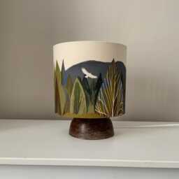 Handmade Woodland Table Lamp - Pine Forest, Buzzard Artwork, Scottish Landscape Lighting
