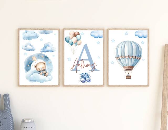 Nursery Boy Room - Set Of 3 Prints Printed Blue Sign- Newborn Gift Room Wall Art Baby Boy Bear Print - image 1
