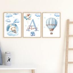 Nursery Boy Room - Set Of 3 Prints Printed Blue Sign- Newborn Gift Room Wall Art Baby Boy Bear Print - thumbnail 2