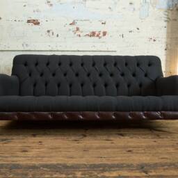 Handmade 3 Seater Charcoal Grey Herringbone Wool Chesterfield Sofa With Vintage Dark Brown Leather - Other Colours + - thumbnail 3