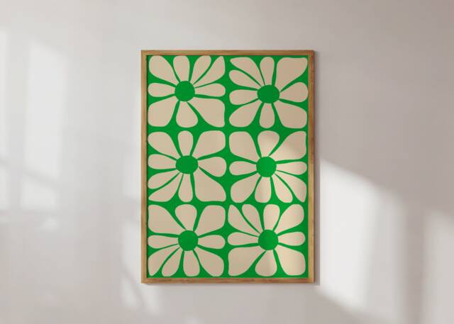 Green Mid-Century Modern Floral Art Print - 70S Funky Home Decor - image 1