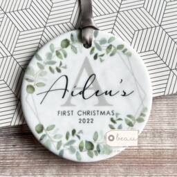 Personalised First Christmas Gift Baby Boy Girl Geometric Greenery Leaf Design Ceramic Or Acrylic Round Ornament Keepsake