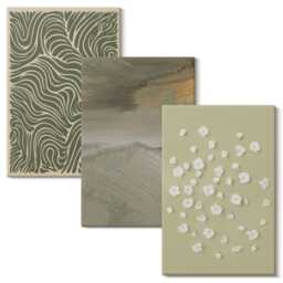 3 Piece Canvas Set - Wavy & Patterns With Boho Flowers, Green Wall Art Print, Natural Textures Decor - thumbnail 2