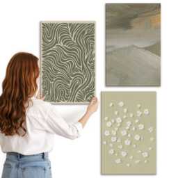 3 Piece Canvas Set - Wavy & Patterns With Boho Flowers, Green Wall Art Print, Natural Textures Decor - thumbnail 3