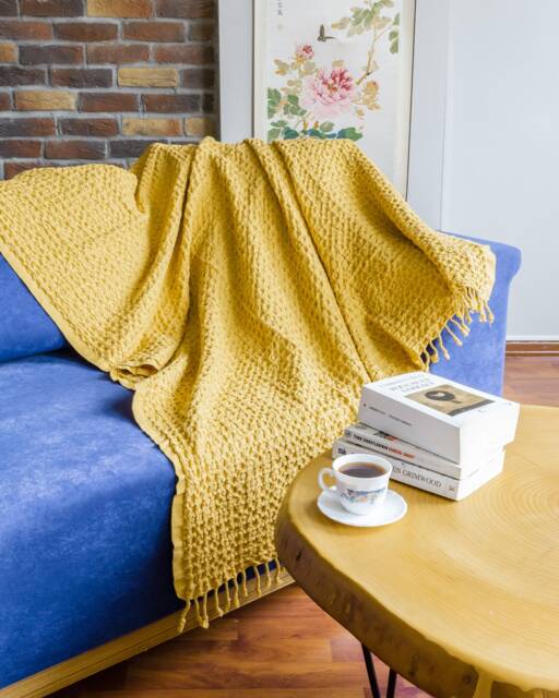 Yellow Big Waffle High Quality Turkish Cotton Throw Blanket, Couch Cozy Sofa Cover, Bed Spread, Porch Blanket - image 1