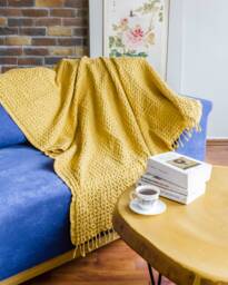 Yellow Big Waffle High Quality Turkish Cotton Throw Blanket, Couch Cozy Sofa Cover, Bed Spread, Porch Blanket