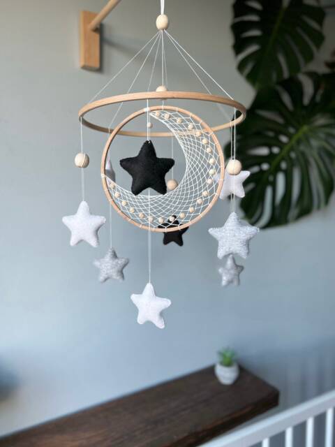 Macrame Moon & Star Felt Baby Mobile, Nursery Decor - image 1
