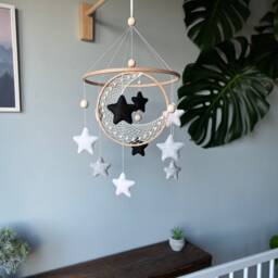 Macrame Moon & Star Felt Baby Mobile, Nursery Decor - thumbnail 3