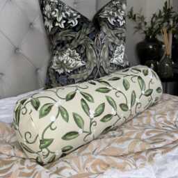 "Olive Green Leaf Embroidered Bolster Cushion 16"" X6" - thumbnail 4