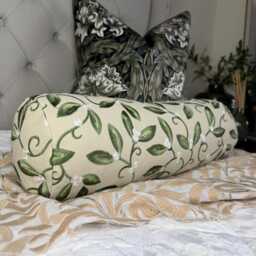 "Olive Green Leaf Embroidered Bolster Cushion 16"" X6"
