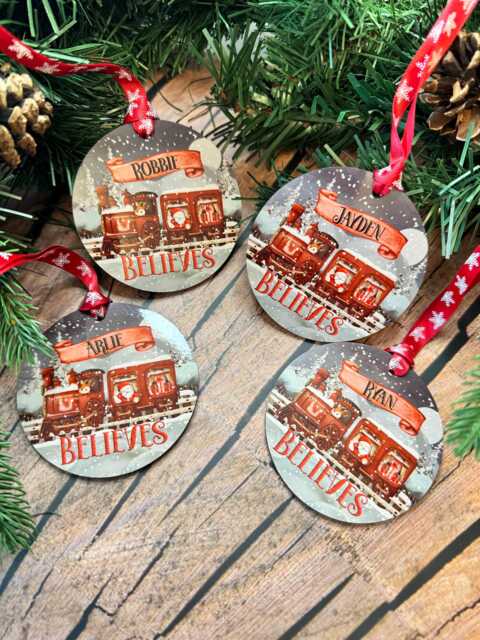 Personalised Christmas Tree Hanging Decoration, Name On Santa Train Design, Bauble, Believes - image 1