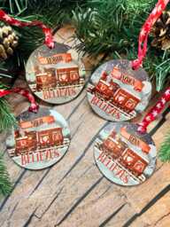 Personalised Christmas Tree Hanging Decoration, Name On Santa Train Design, Bauble, Believes - thumbnail 1