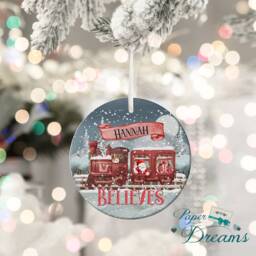 Personalised Christmas Tree Hanging Decoration, Name On Santa Train Design, Bauble, Believes - thumbnail 4