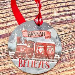 Personalised Christmas Tree Hanging Decoration, Name On Santa Train Design, Bauble, Believes - thumbnail 3