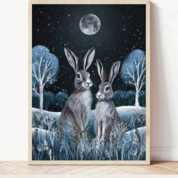 A4 A5 Midnight Hare Couple Art Print - Bunny Art Whimsical Woodland Poster Forest Night Dreamy - thumbnail 2