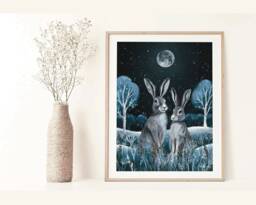 A4 A5 Midnight Hare Couple Art Print - Bunny Art Whimsical Woodland Poster Forest Night Dreamy