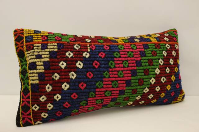 Geometric Kilim Pillow Cover 12x24, Vintage Turkish Wool Lumbar Cushion - image 1