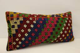Geometric Kilim Pillow Cover 12x24, Vintage Turkish Wool Lumbar Cushion - thumbnail 1
