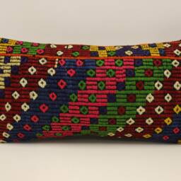 Geometric Kilim Pillow Cover 12x24, Vintage Turkish Wool Lumbar Cushion - thumbnail 2