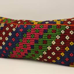Geometric Kilim Pillow Cover 12x24, Vintage Turkish Wool Lumbar Cushion - thumbnail 3