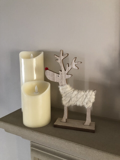 Wooden Christmas Reindeer Decoration Wool Body, Red Pom Nose - 23cm - image 1