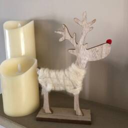 Wooden Christmas Reindeer Decoration Wool Body, Red Pom Nose - 23cm - thumbnail 2