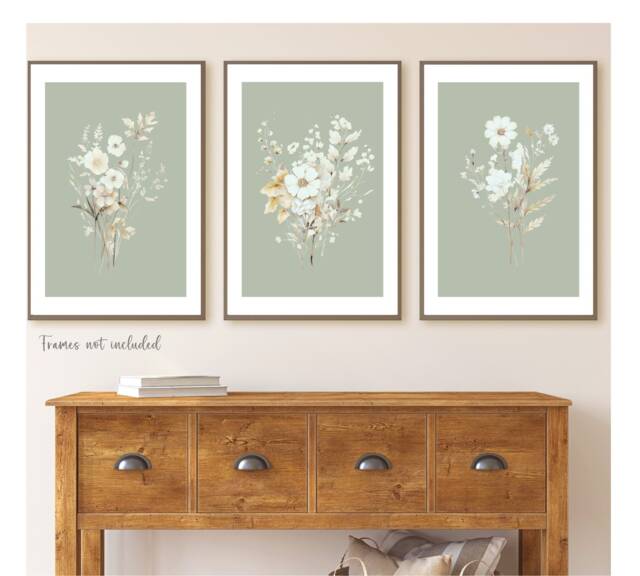 Set Of 3 Unframed Sage Green Floral Prints, Botanical Wall Art Living Room Posters, Bedroom Flower Pictures - image 1