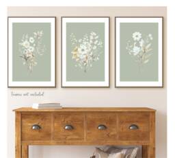 Set Of 3 Unframed Sage Green Floral Prints, Botanical Wall Art Living Room Posters, Bedroom Flower Pictures - thumbnail 1