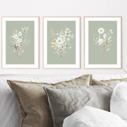 Set Of 3 Unframed Sage Green Floral Prints, Botanical Wall Art Living Room Posters, Bedroom Flower Pictures - thumbnail 2
