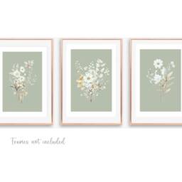 Set Of 3 Unframed Sage Green Floral Prints, Botanical Wall Art Living Room Posters, Bedroom Flower Pictures - thumbnail 3
