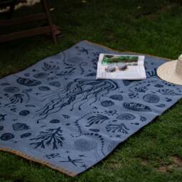 Blue Marine Hand Printed Flatwoven Cotton Kilim Rug - Bold Navy Color Beach House Decor Coastal Home Living Room Rugs 3x5 5x7 Washable - thumbnail 1