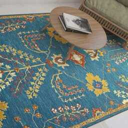 Hand-Knotted Oushak Wool Rug - Teal Blue Floral Living Room Area Carpet - thumbnail 2