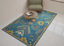 Hand-Knotted Oushak Wool Rug - Teal Blue Floral Living Room Area Carpet - thumbnail 1