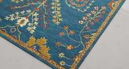 Hand-Knotted Oushak Wool Rug - Teal Blue Floral Living Room Area Carpet - thumbnail 3