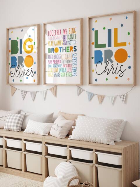 Set Of 3 Playroom Prints, Brother Bedroom Sibling Brothers Decor, Boys Wall Art, Big Bro Lil Bro, Rainbow Art - image 1