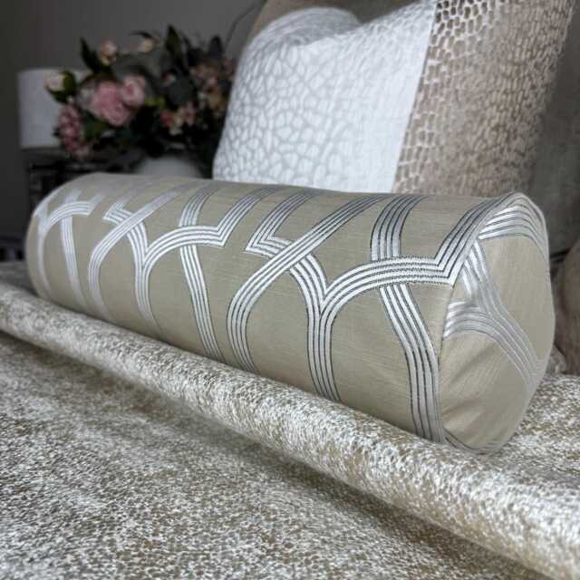 Geometric Design Cushion, Bolster Pillow in Beige Silver , Duck Feather, Designer Fabric, 16x6 Inch, Home Bedding Bed - image 1