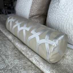 Geometric Design Cushion, Bolster Pillow in Beige Silver , Duck Feather, Designer Fabric, 16x6 Inch, Home Bedding Bed - thumbnail 2