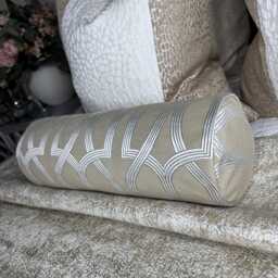 Geometric Design Cushion, Bolster Pillow in Beige Silver , Duck Feather, Designer Fabric, 16x6 Inch, Home Bedding Bed - thumbnail 4