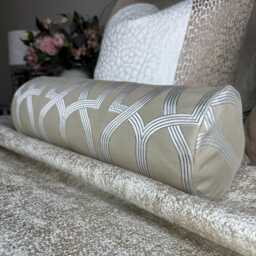 Geometric Design Cushion, Bolster Pillow in Beige Silver , Duck Feather, Designer Fabric, 16x6 Inch, Home Bedding Bed - thumbnail 1
