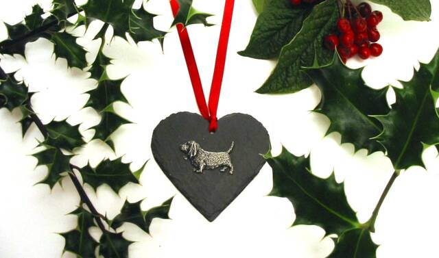Handmade Basset Hound Slate Heart Ornament, Pewter Dog Motif Christmas Decoration - image 1
