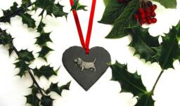 Handmade Basset Hound Slate Heart Ornament, Pewter Dog Motif Christmas Decoration