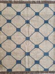Handwoven Wool Jute Flatweave Rug With Geometric Lattice Pattern in Natural & Indigo - thumbnail 1