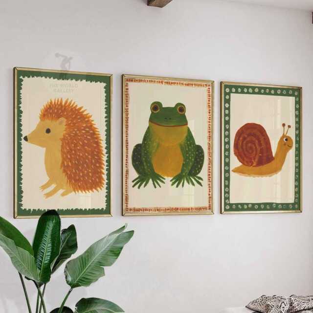 Set Of 3 Animal Nursery Posters, Hedgehog Frog & Snail Wall Art, Woodland Prints, Kids Room Decor, Playroom Art Set, Gift Idea - image 1