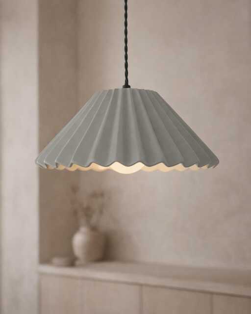 Large Picco - Ceramic Pendant Ceiling Light Handmade Minimalist Pleated Hanging Fixture in Fog Gray - image 1