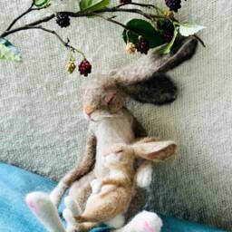 Sleeping Needle Felted Hare - Ooak Felt Rabbit, Mother Hare, Handmade Animal Decor - thumbnail 3