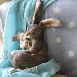 Sleeping Needle Felted Hare - Ooak Felt Rabbit, Mother Hare, Handmade Animal Decor - thumbnail 1