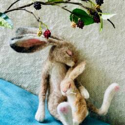 Sleeping Needle Felted Hare - Ooak Felt Rabbit, Mother Hare, Handmade Animal Decor - thumbnail 4